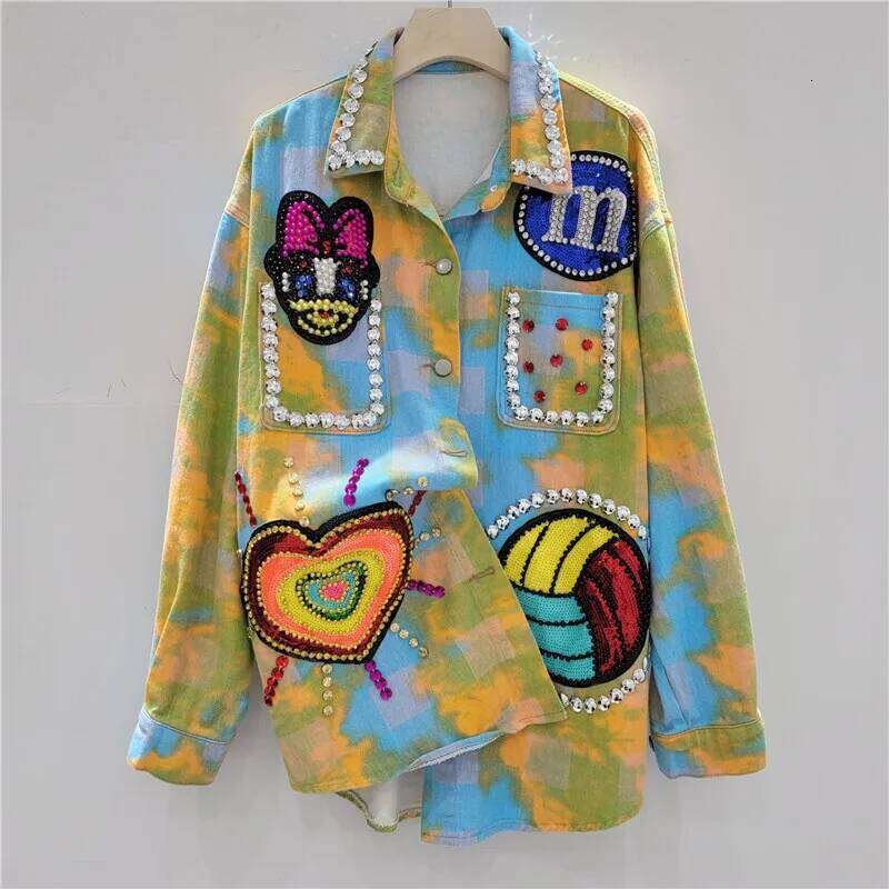 WTHT Fashion Women Cartoon Color Print Beading Denim Shirts Trendy 2025 Summer Long Sleeve Single-breasted Blouse Female 1LS1560