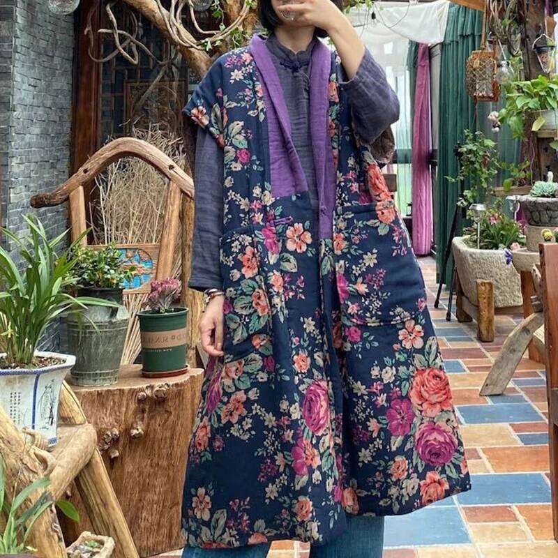 Johnature Women Cotton Print Floral Long 2024 Winter Vintage Coats Chinese Style Sleeveless V-Neck Patchwork Pocket Vests