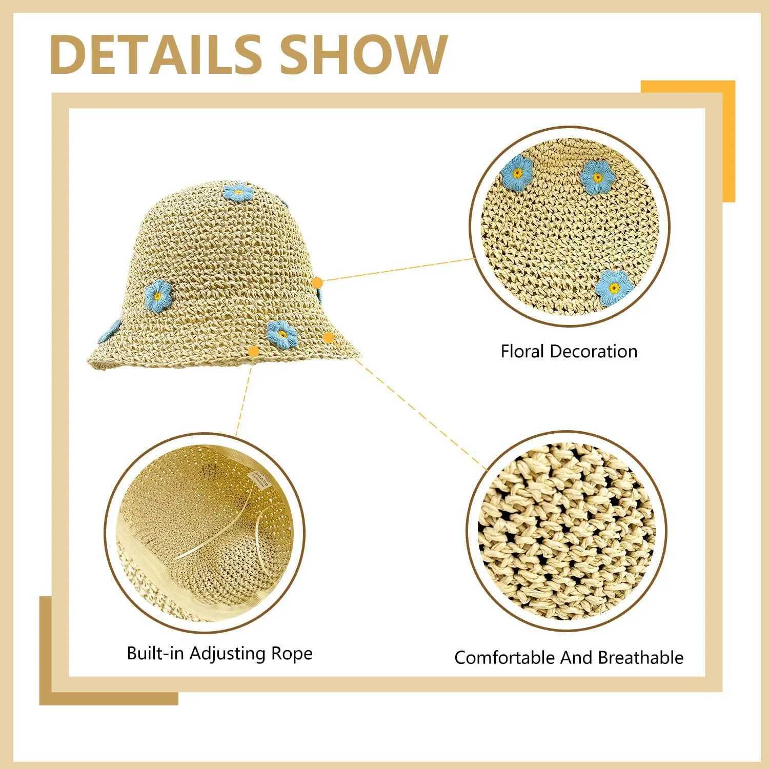 Womens Summer Flower-Embroidered Crochet Straw Bucket Hat - Foldable UV Protection Panama Sun Hat for Beach Travel M250616