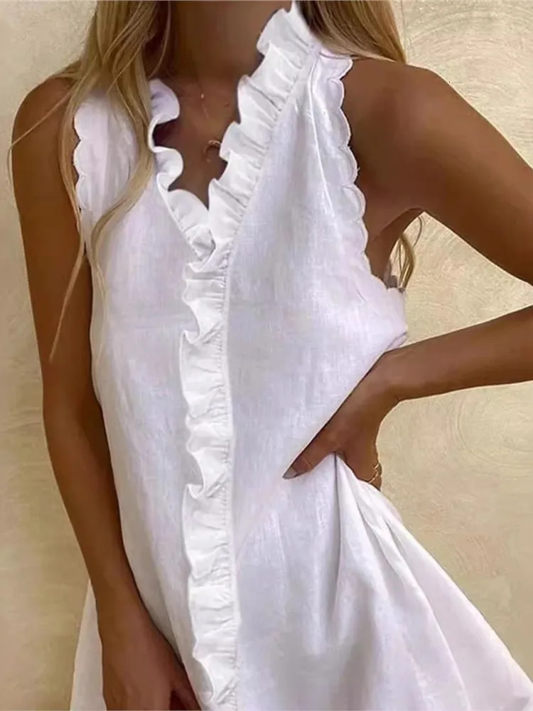 Women Casual Cotton And Linen White Dress Summer V Neck Ruffles Sleeveless Elegant Boho Beach Party Mini Dresses Female Robe 250614