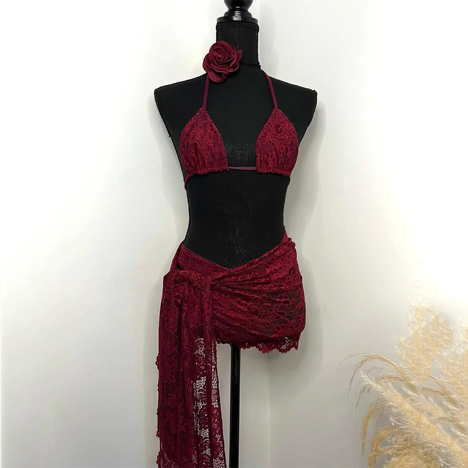 3Packs Lace Bikini Set With Beach Skirt Flower Women Sexy Swimsuit Red Swimwear Female Crochet Dress Bathingsuit Sarongs Biquini 250614