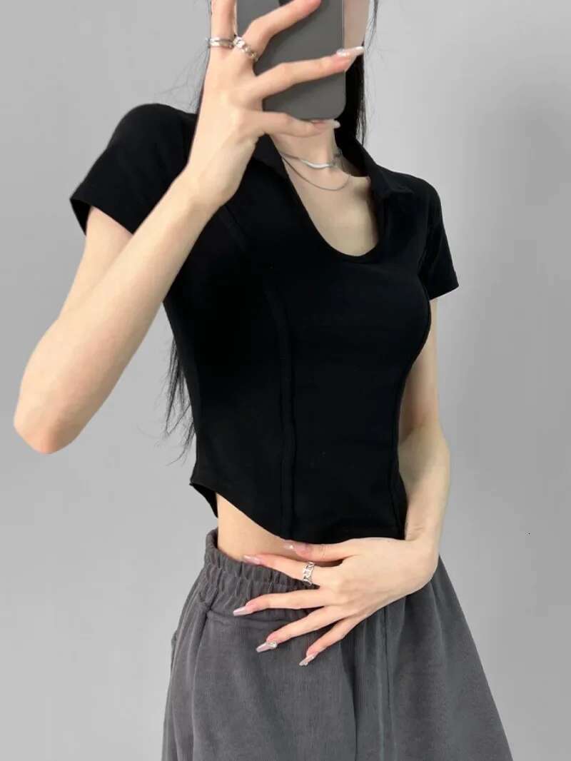 Polo Neck Shirt for Women Cotton Sexy Crop Top Woman T Coquette Clothes Plain New Basic Offer Comfortable Clothing Sales