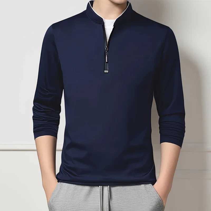Mens Casual Fashion Solid Color Long Sleeve Polo Shirt Stand Up Collar Versatile Comfortable Top W250616