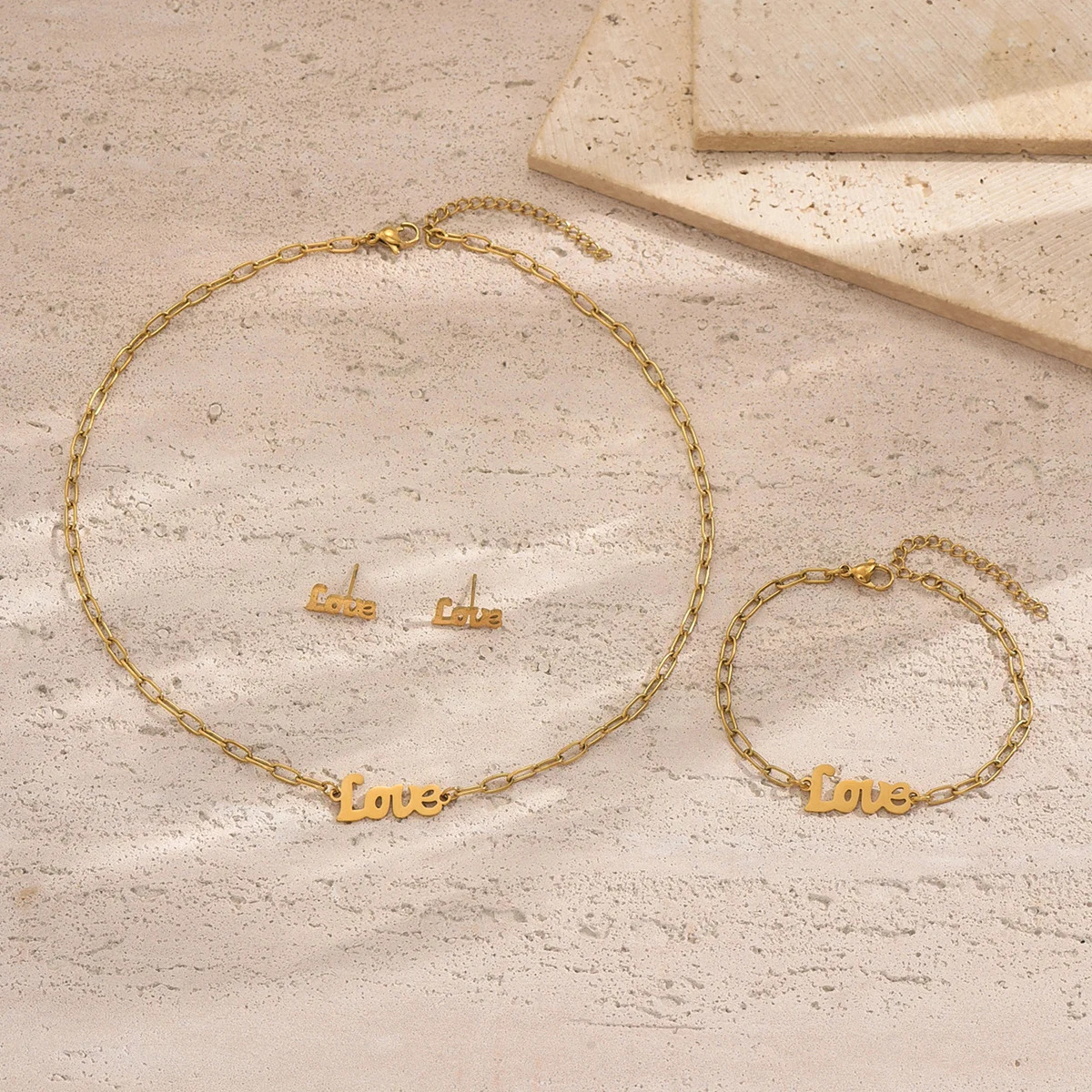 Lxalry Golden Jewelry Set Love Engraved Necklace Bracelet Earrings Handwritten Style Romantic Couple Accessories Minimalis 250609