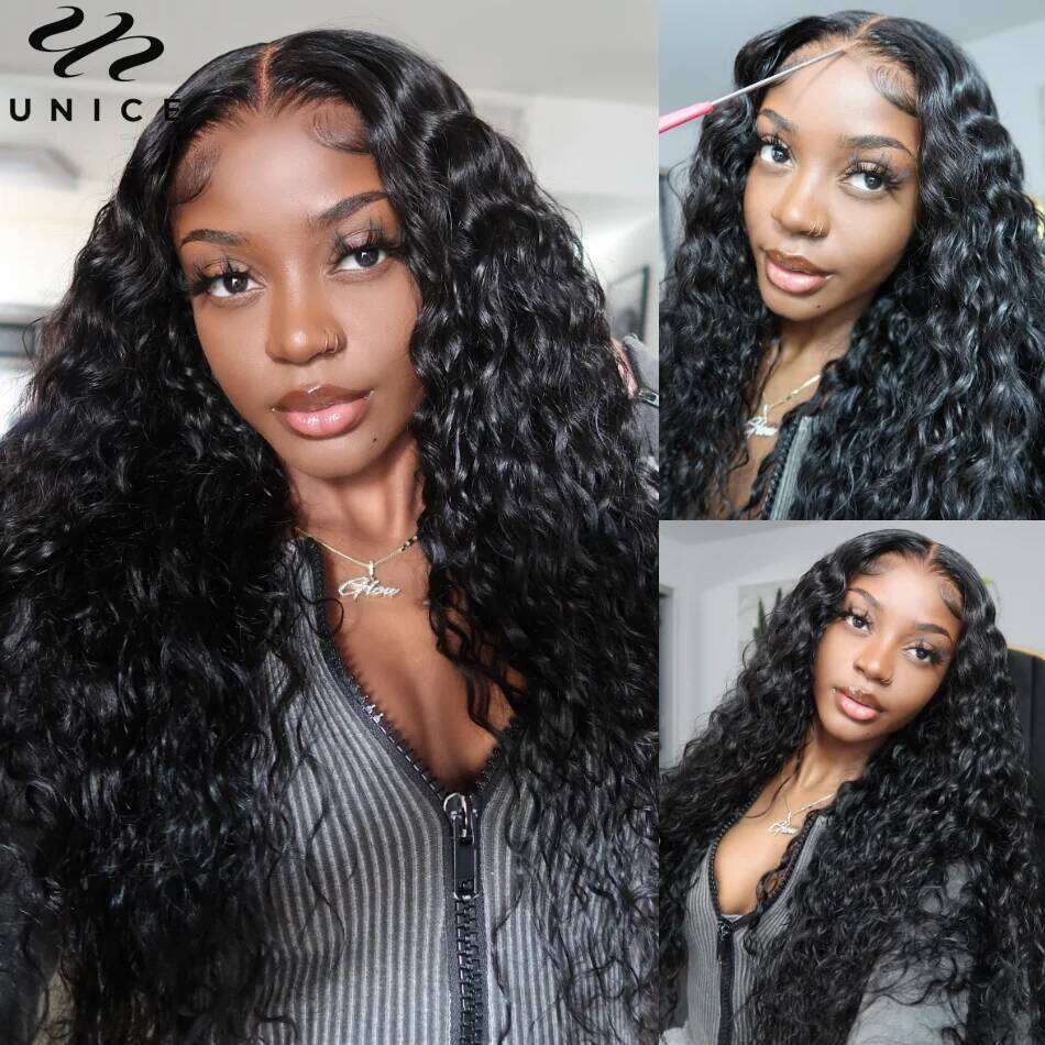 UNICE Upgrade Drawstring Water Wave 7x5 Glueless Cut Pre Bleached Lace Front Human Hair Wig Ready To Wear 180% Density