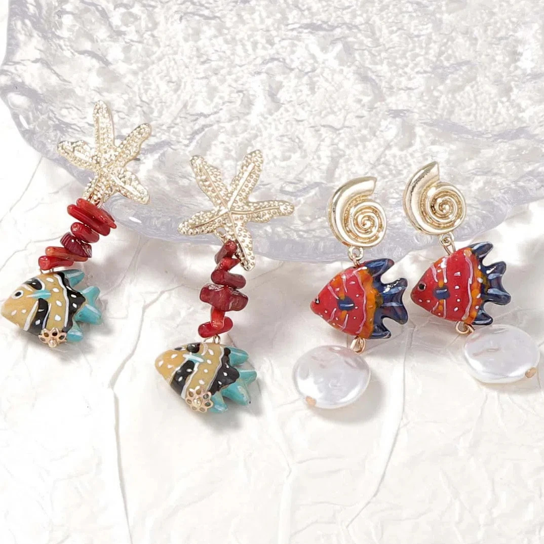 Alloy Sea Star Conch Colored Fish Long Earrings 250610