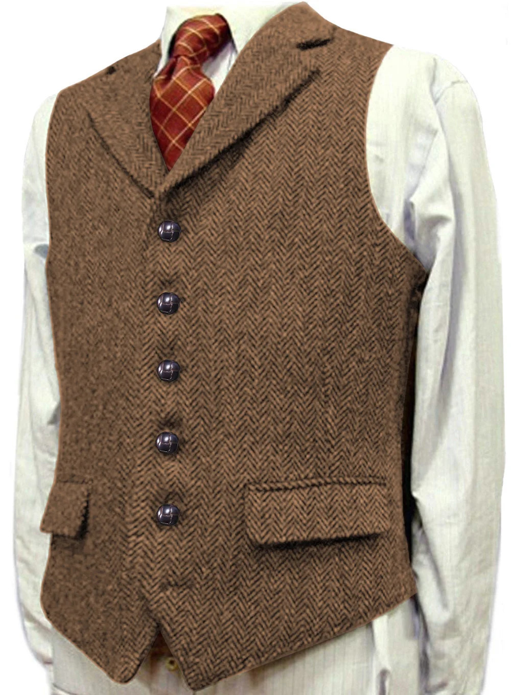 Mens Wool Tweed Slim Fit Leisure Cotton Burgundy Vest Gentleman Herringbone Business Brown Waistcoat Blazer For Wedding Groom 250614