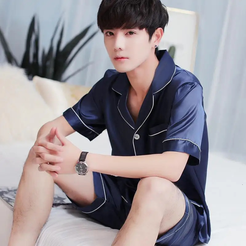 Summer Mens Ice Silk Pajamas Homewear Suit Thin ShortSleeved Shorts Loose Large Size Youth Fashion Leisure 250614