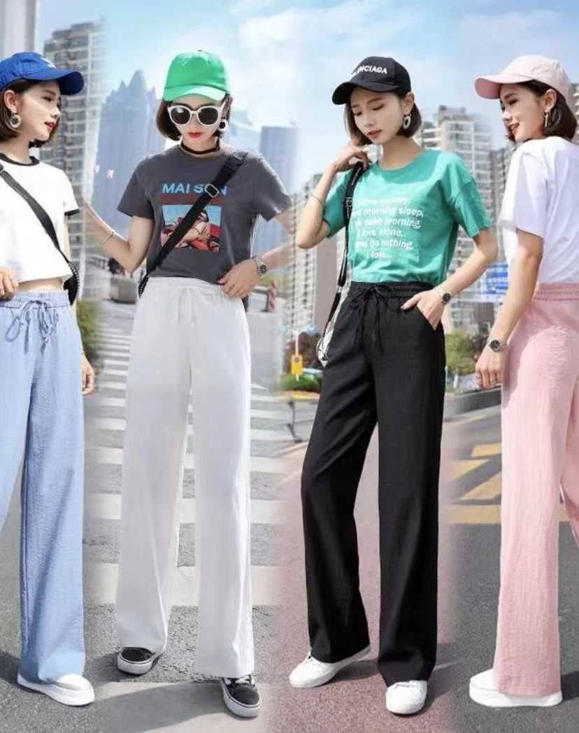 Plus size Women Ankle-Length Wide Leg Pants Casual Summer Solid Elastic Waist Loose Ice Silk Pants Spring Summer Fe TrousersXJ250616