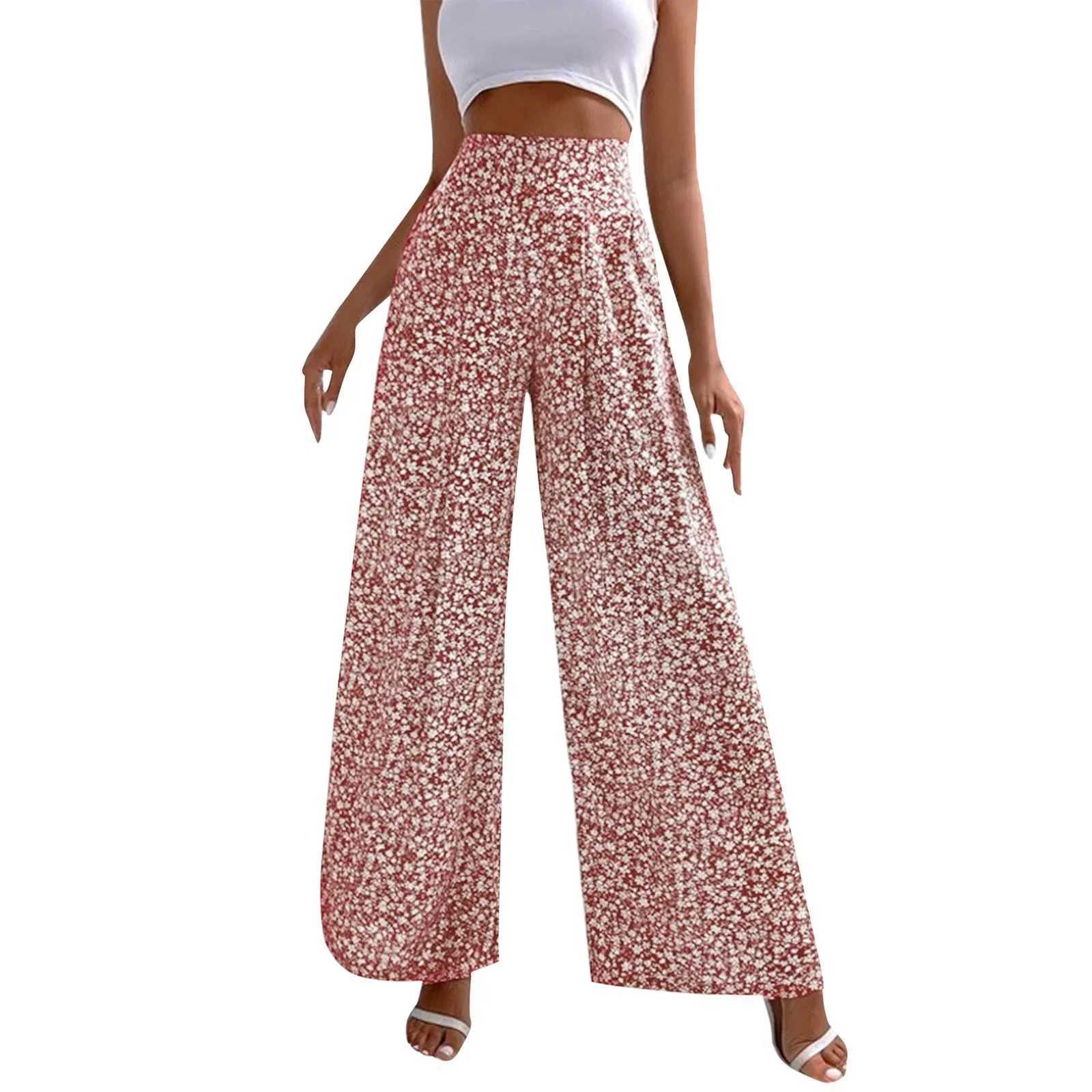 New Floral Printed Fashion Wide Leg Nine Length Trousers For Fe Summer Daily Loose Elastic High Waist Lighweight Long PantsXJ250616
