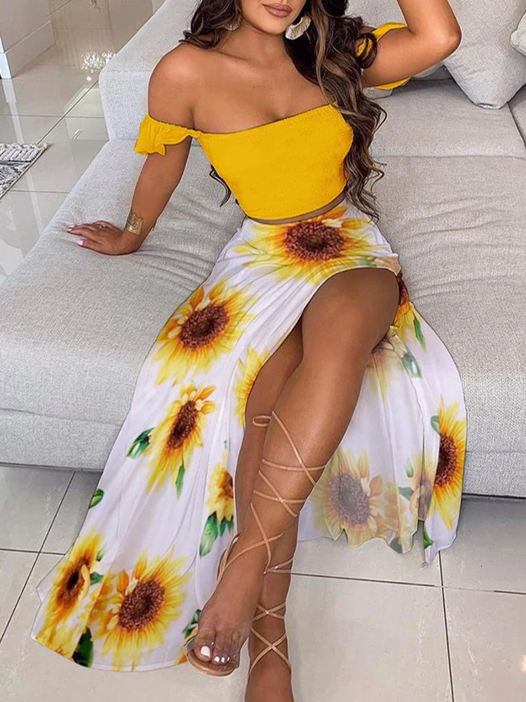 Summer Fashion Sets For Women 2 Pieces Solid Pleated Tops Floral Print High Waist Midi Skirt Female Chic Lady Long Skirts Set 250609