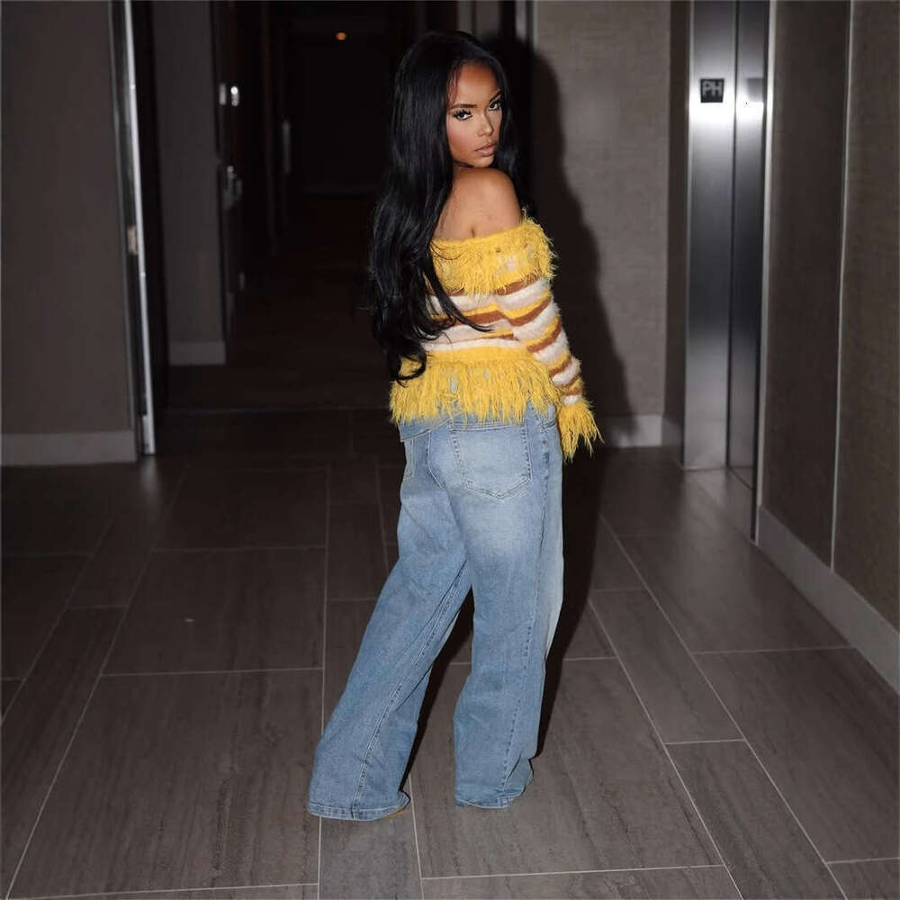 New Fashion Trend Color-Block Long Sleeve Slim Fit Fringe Design Off-Shoulder Sweater For Women B5