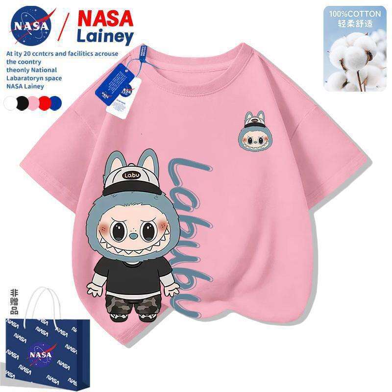 NASA Labubu Children's Short Sleeve Boys and Girls Summer New Cartoon Print T-Shirt Top