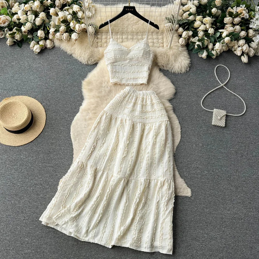 Summer Lace Patchwork Beach Two Pieces Sets Women Sexy CamisoleA Line Long Skirt Fashion Elastic Bohemian Suits 250609