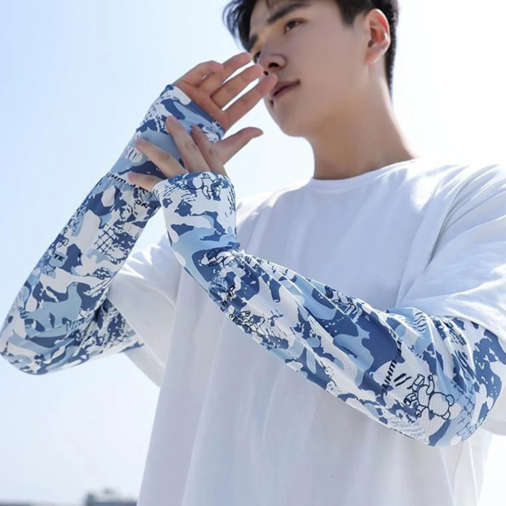 Fashion Camouflage Print Ice Silk Anti-UV Arm Sleeves Breathable Men Sunscreen Sleeves Non-slip Half Finger Fishing Run Sleeves 250610