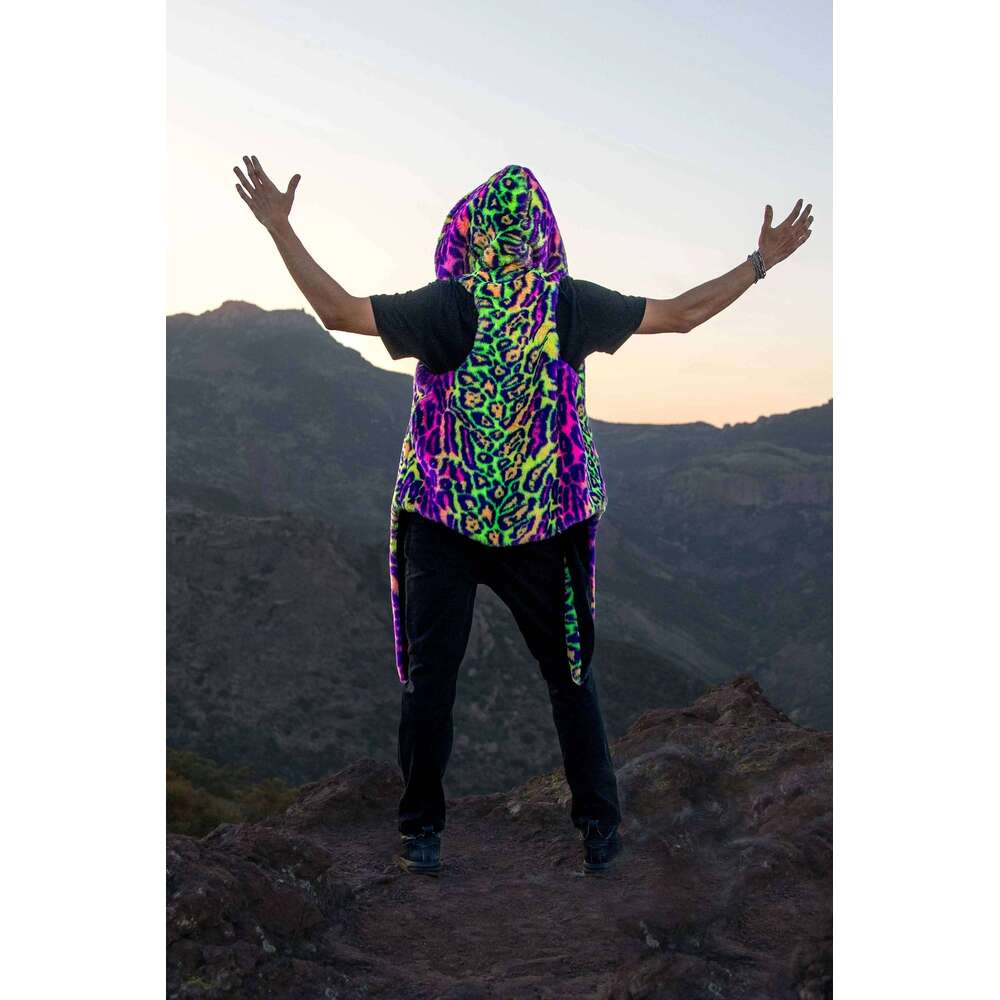 Kegular And Plus Size New fashionable men's artificial coat, personalized street hooded neon leopard print fur coat