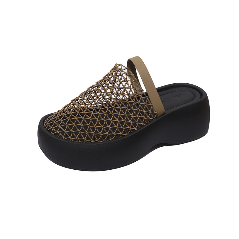 Ddmysports Wedge High Heel Fishnet Hollow Out Closed Toe Mules Women S Shoes Outdoor Summer Internet Celebrity Thick Sole Sandals Outdoor Shoes