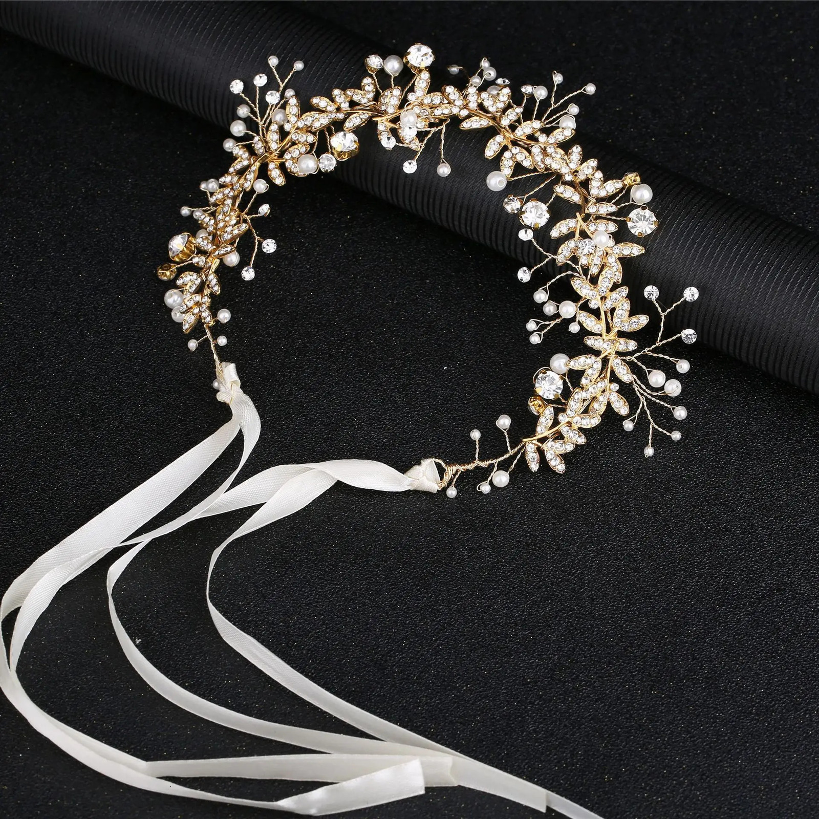Crystal Flower Headband Ribbon Bow Hairband for Bride Wedding Hair Accessories Pearl Head Flower Headband Headwear 250610