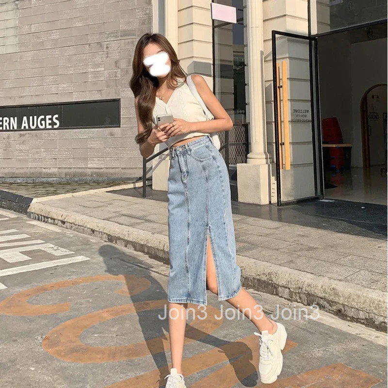 Woman Denim Skirt with Slit High Waist Jeans Skirts for Women Blue Cheap Modest 2025 Trend Stylish Premium Vintage Streetwear V