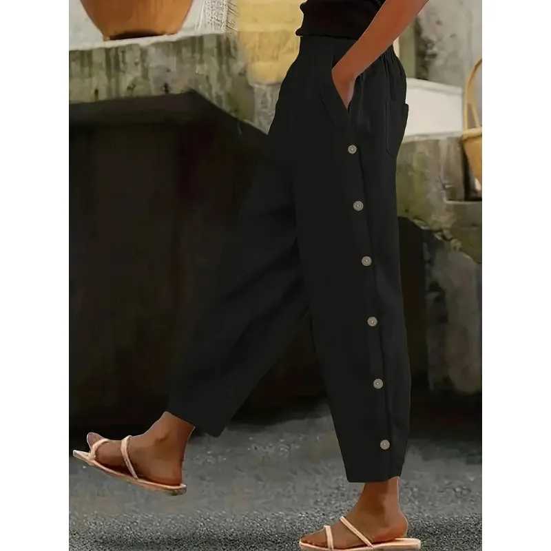 Plus Size 1XL-5XL Women Button Up Wide Leg Pants For Women Solid Color Cropped Cotton Pants Summer High Waist Baggy Sweat pantsXJ250616