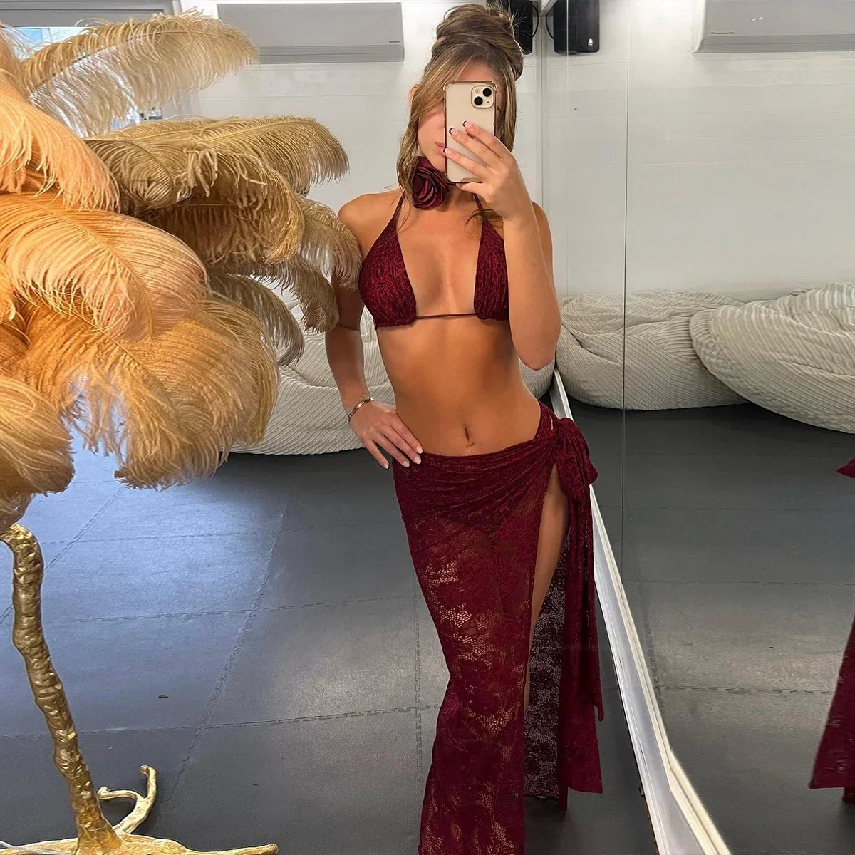 3Packs Lace Bikini Set With Beach Skirt Flower Women Sexy Swimsuit Red Swimwear Female Crochet Dress Bathingsuit Sarongs Biquini 250614