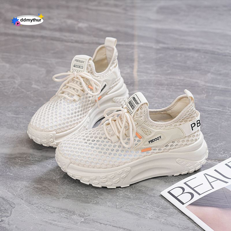 2025 Summer Women's New Breathable Hollow Mesh Korean Style Versatile Thick-Soled Sneakers Casual Dad Shoes ddmythur