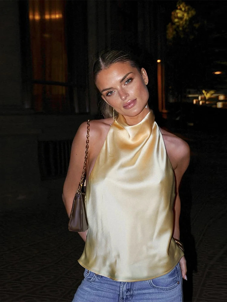 Women Halter Top Solid Satin Backless Slip Tank Top Casual Office Ladies Off Shoulder Evening Party Vest 2025 Spring Fashion 250614