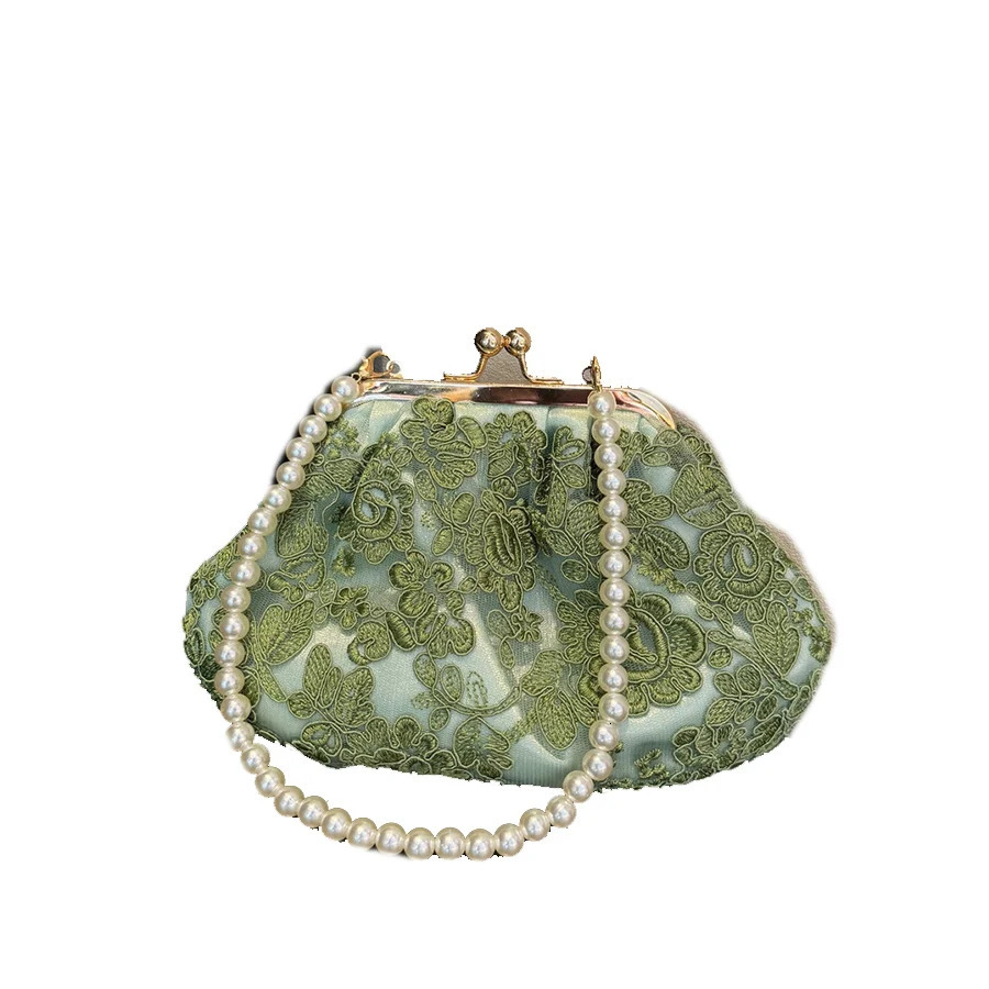 Vintage Green Floral lace Embroidery Clutch bag summer Pearl handbag with pearl chain single shoulder shell clip Totes 250614
