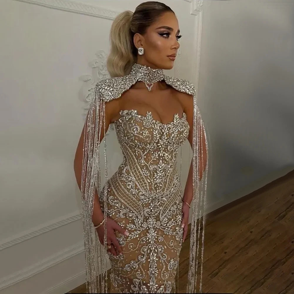 Customized Silver Nude Mermaid Strapless Tassel Beaded y Evening Dresses Gowns For Women Wedding Party LA72237 250612