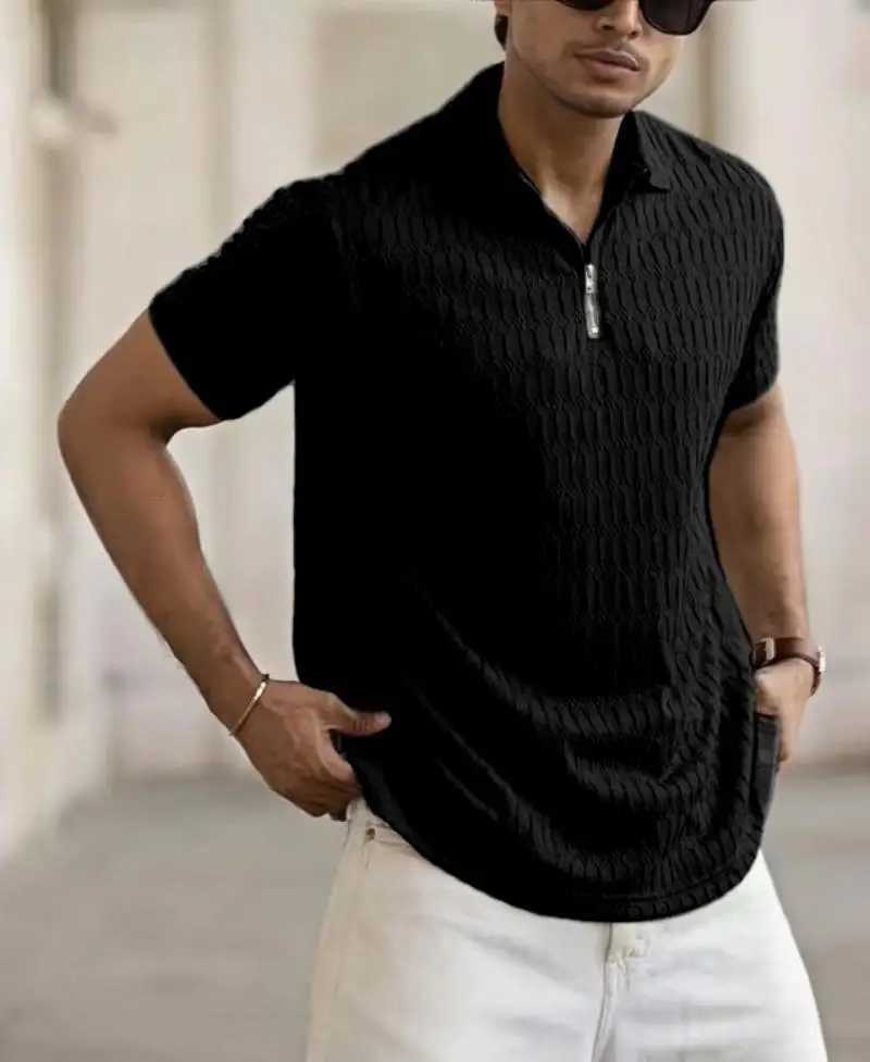 Summer Mens Short-Sleeved POLO Shirt Elastic Breathable Mens T-Shirt Fashionable Solid Color Zipper Outdoor Sports POLO Shirt W250616
