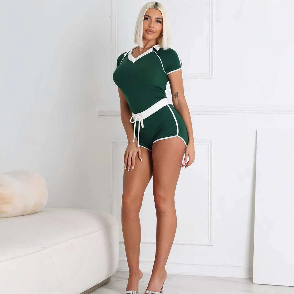 New Summer Sports Short Sleeve Top With Drawstring Shorts Set For Women B5