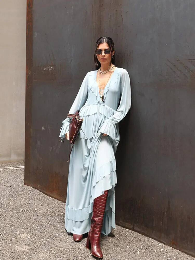 Designer Ruffles Shirt Skirt Suits Women V-Neck Lace Up Flare Long Sleeve Tops High Waist Irregular Hem Skirts Chic Ladies Sets