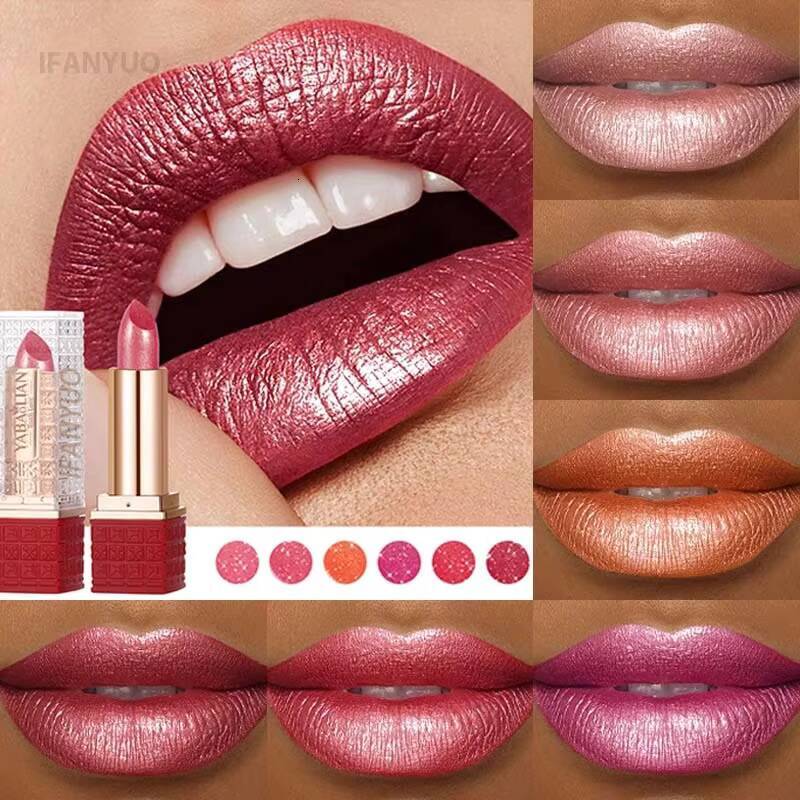 Rose Metallic Lipstick Glitter Lip Glaze Waterproof Long Lasting Moisturize Bright Red Pearlescent Shiny Lipgloss Makeup 12color happy