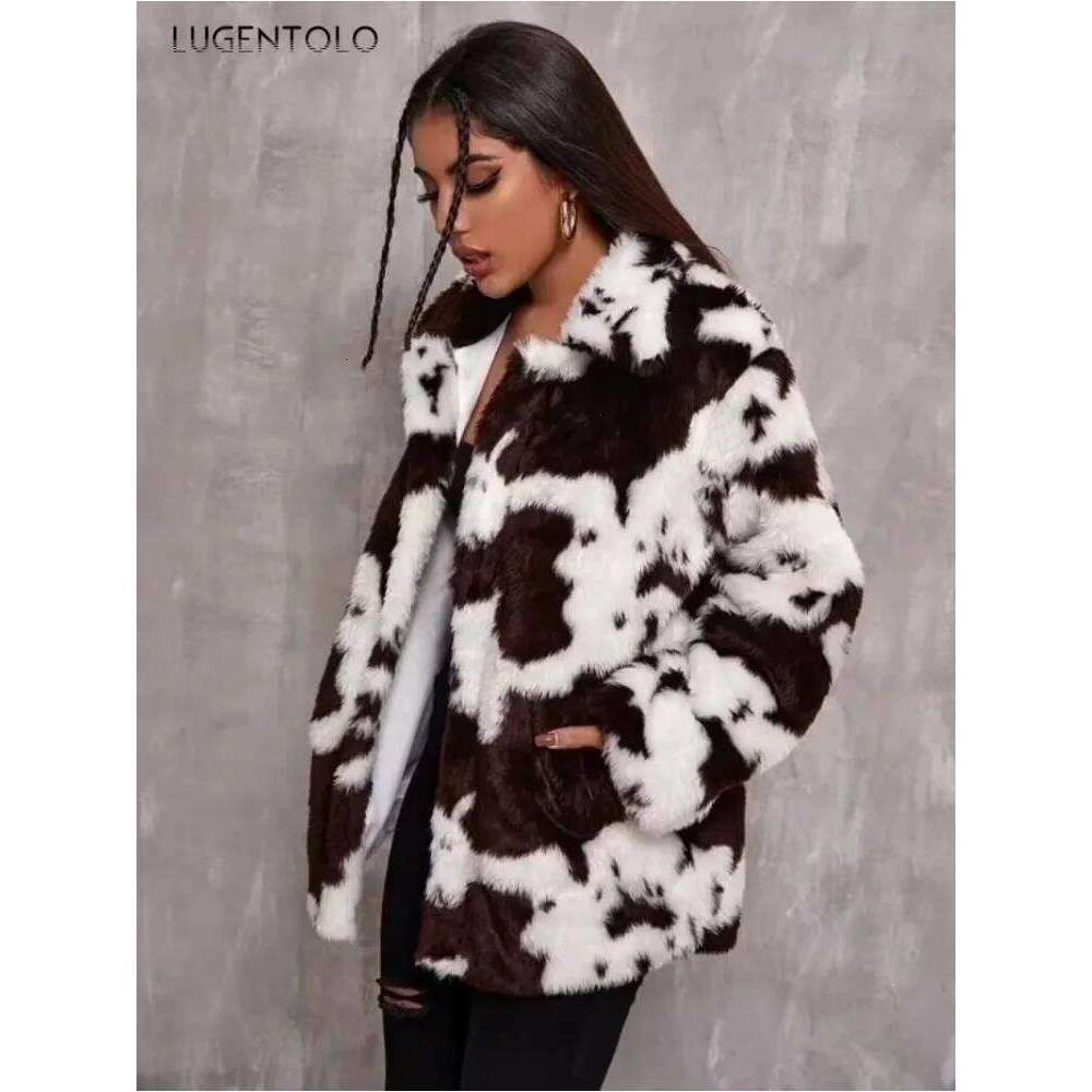 Women Faux Fur Jacket Autumn Winter Haruku-style Cow Print Black White Coet Female Loose New Fashion Warm Cloth