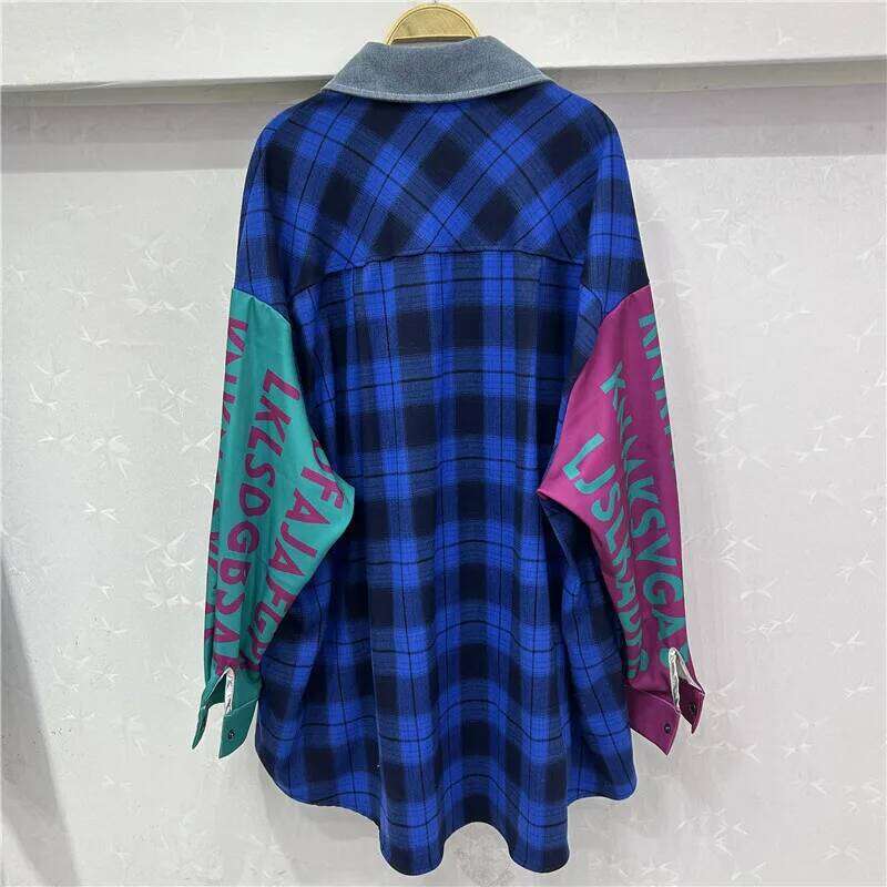 WTHT Trendy Women's Patchwork Contrast Color Plaid Print Design Loose Shirt 2025 Spring New Long Sleeves Blouse Female 1LS1002