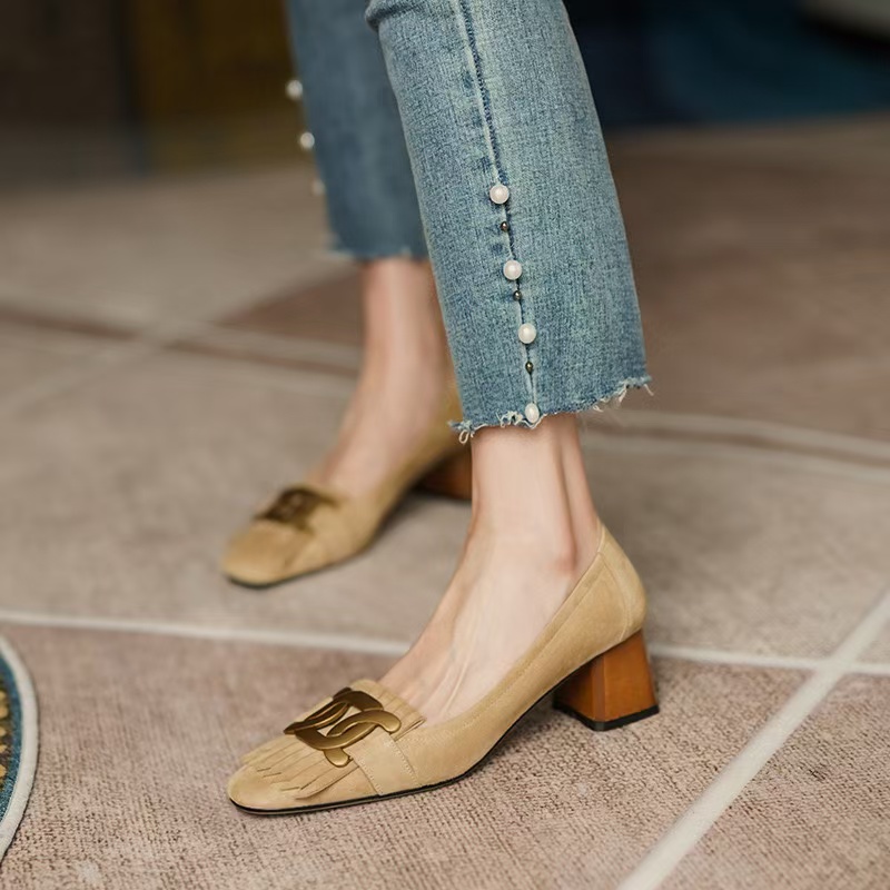 AutumnWinter Women Sheep Suade Toe Square Heel Mid-Heel Ankle Boots Fringed Zipper Fashion Office Lady Shoes 240921