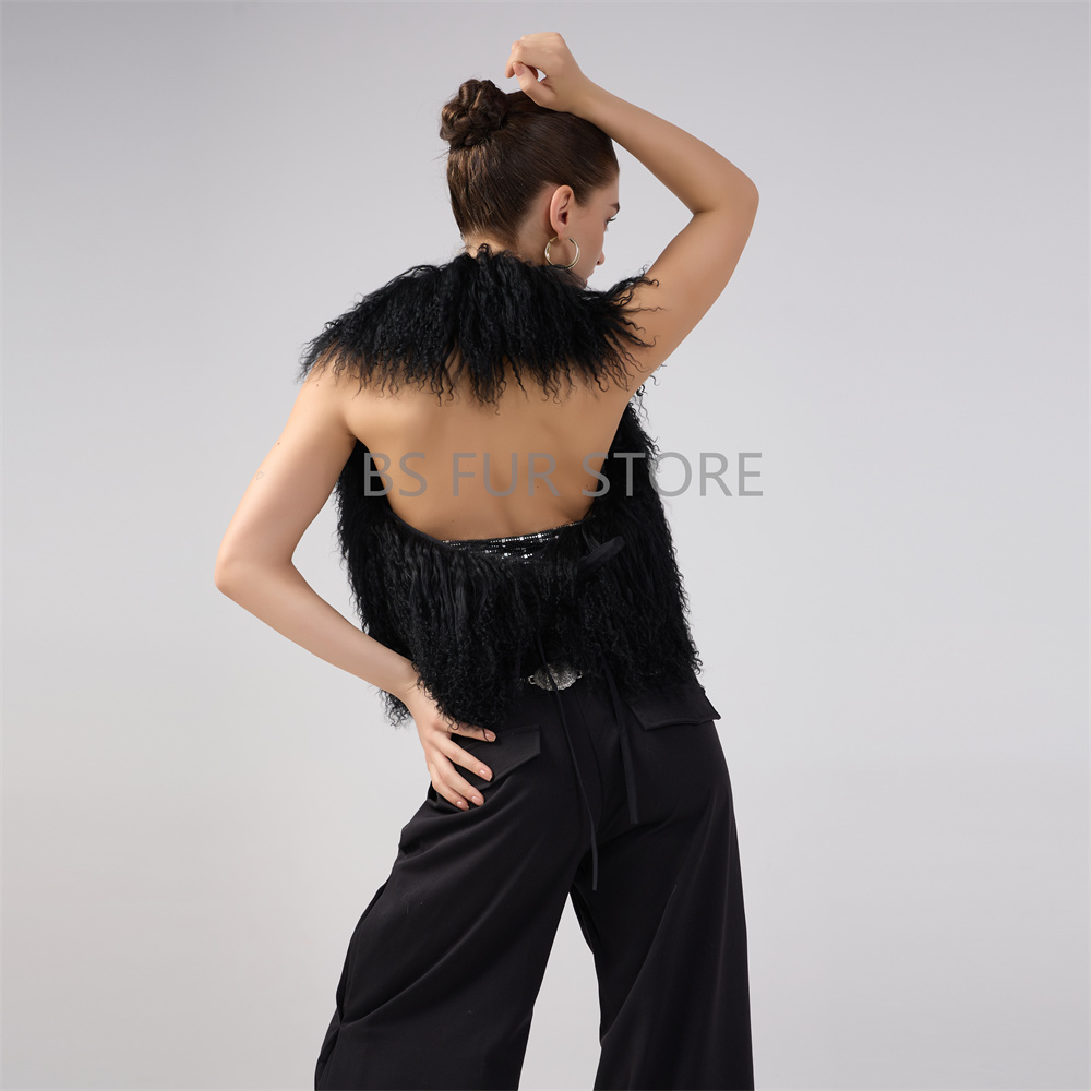 Sexy Midnight Real Mongolian Fur Waistcoat Woman Backless Crop Halter Vests Coat Deep V-neck Y2k High Street Brown Solid Tops