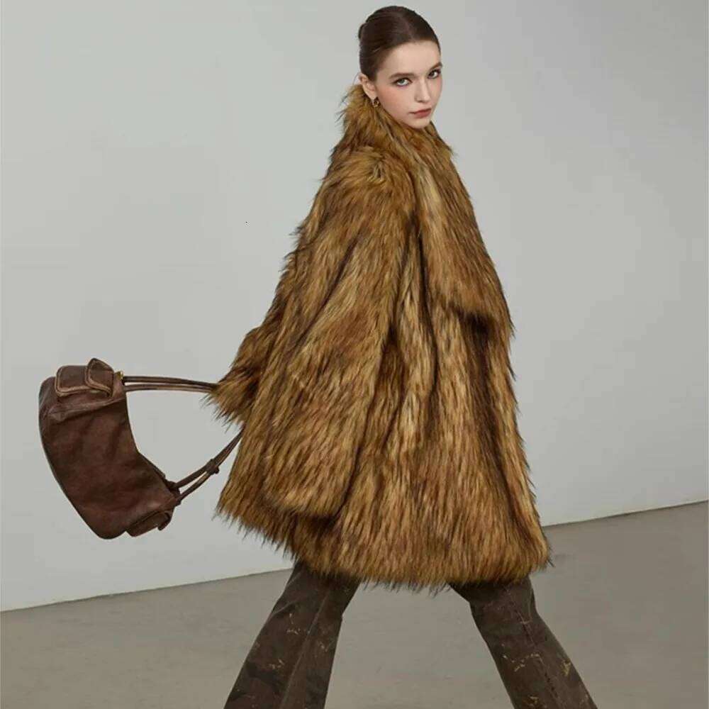 Winter Gradient Gold Brown Hairy Shaggy Raccoon Faux Fur Coat Women Lapel Furry Midi Long Loose Oversized Outerwear