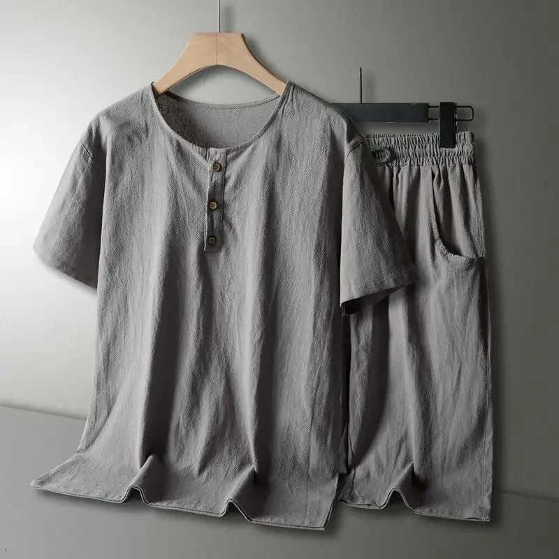 Two Pieces for Beach Mens Versatile Tshirt Cotton Linen Set Summer Loose Breathable Leisure Oversized Short Sleeved Shorts 250612