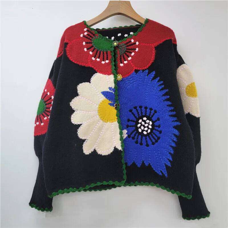 DEAT Women's Cardigan Contrast Color Knitted Flowers O-neck Retro Loose Lantern Sleeve Sweaters 2025 New Summer Fashion 29L9213
