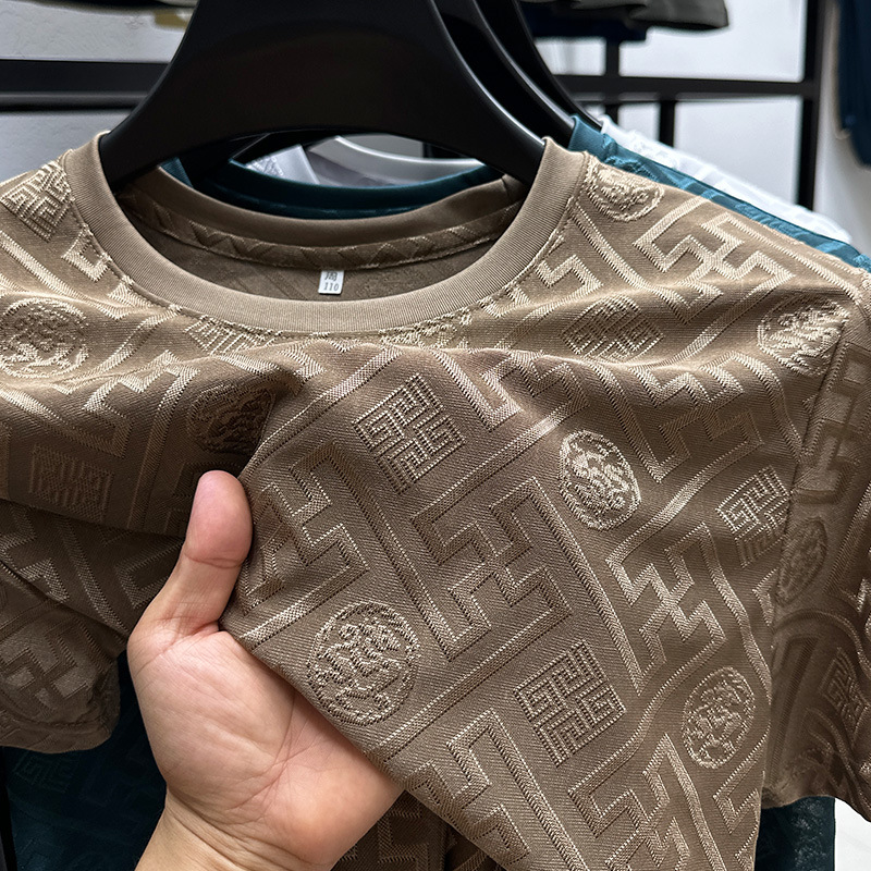 High End Luxury Ice Silk Men's T-Shirt O-Neck Exquisite Jacquard Short Sleeved Summer British Fashion Casual Elastic Men's Wear