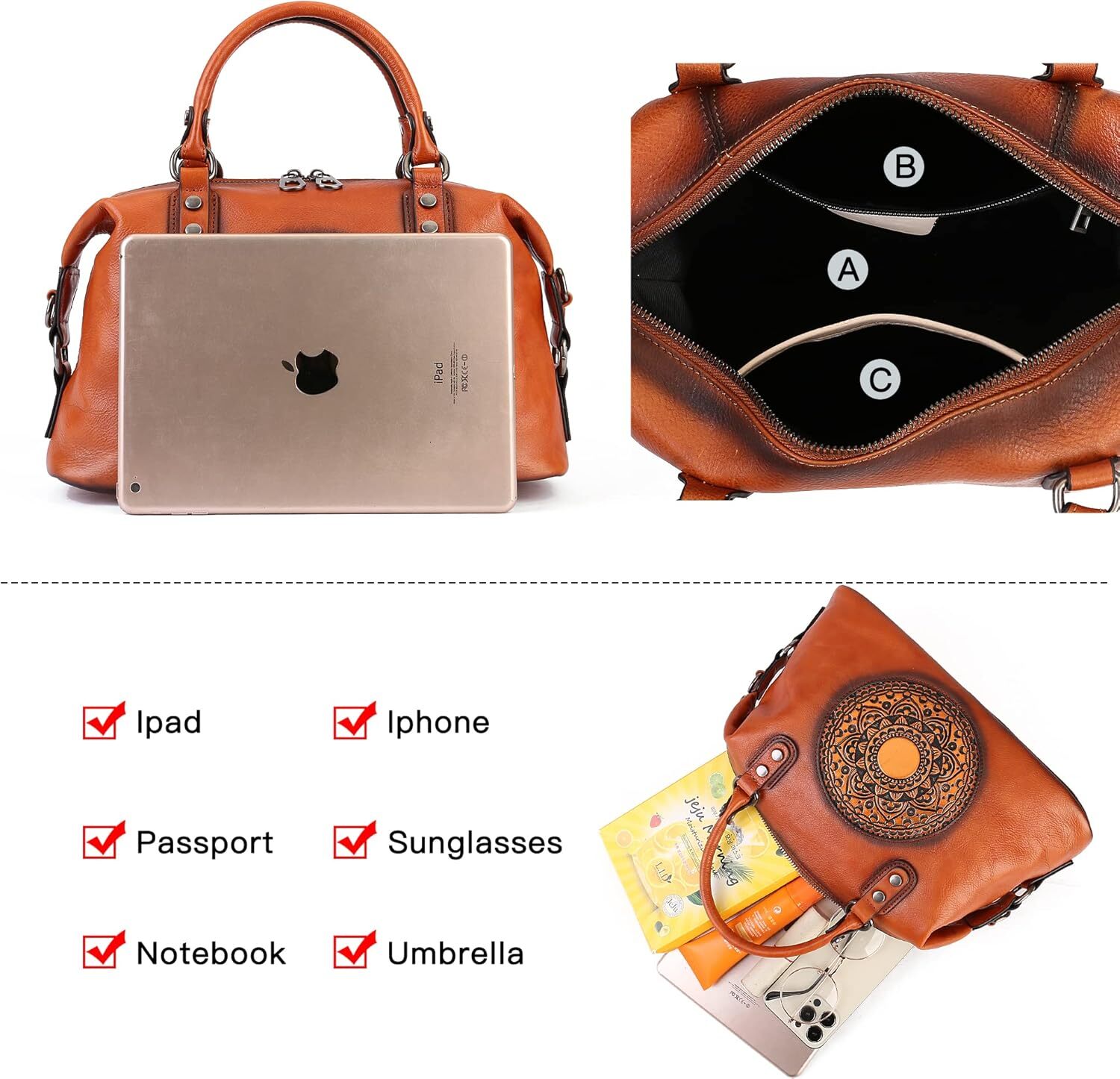 for Women, Genuine Leather Purses Retro Mandela Crossbody Handbag Tote Bag