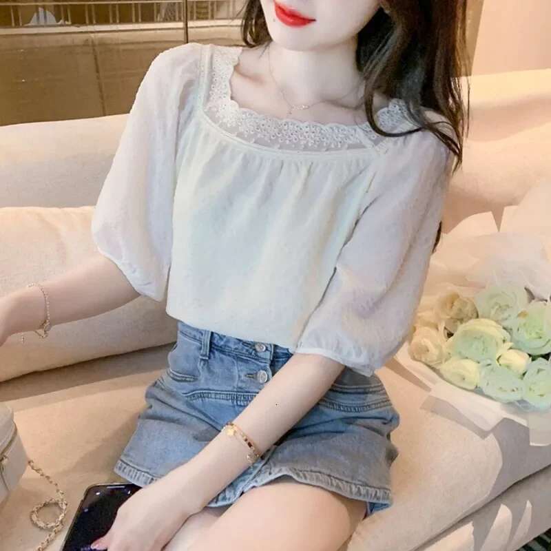 With Puffy Sleeves White Formal Crop Shirts Blouses for Women Office Outfits Summer Woman Top Dress Wear To Work Modern Long M