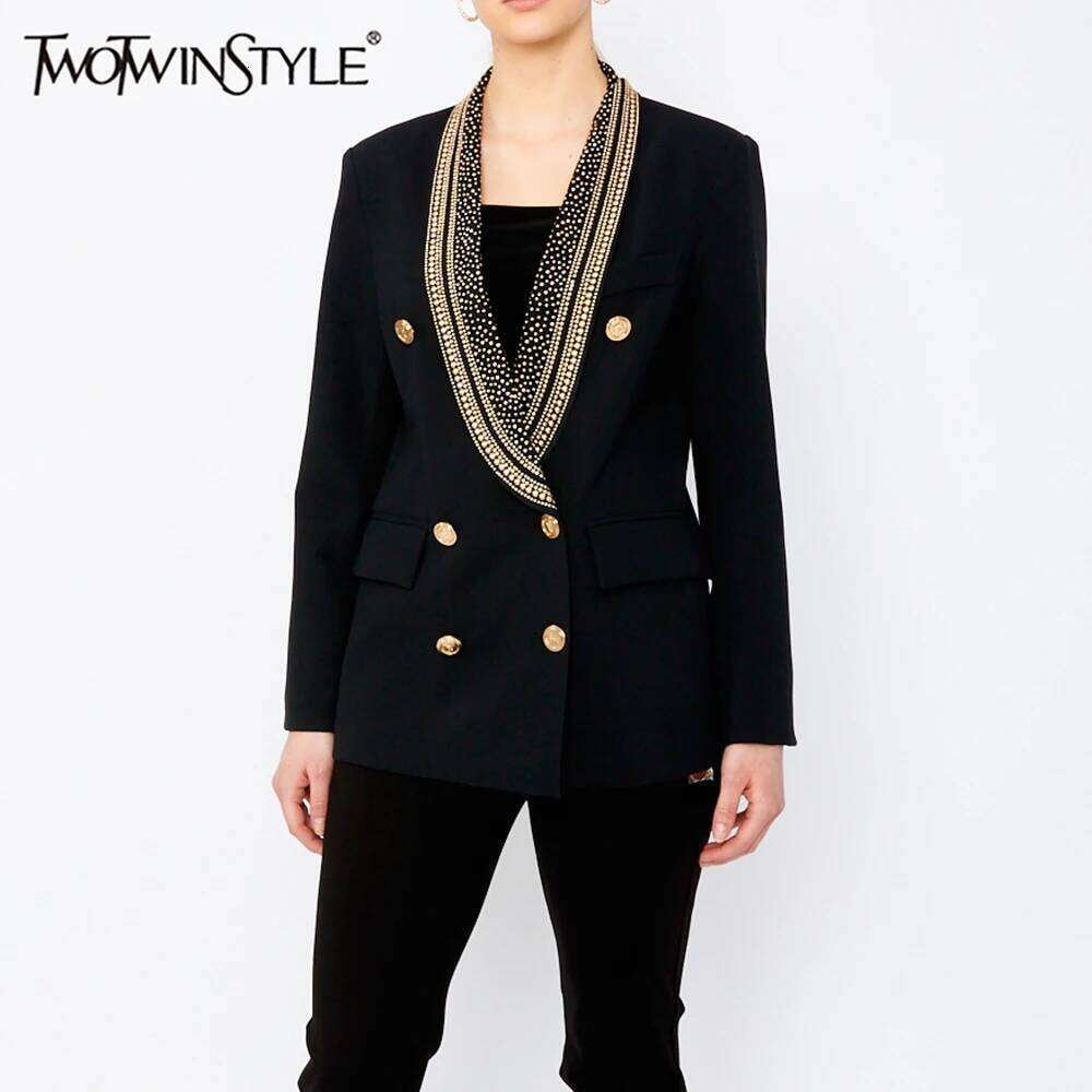 TWOTWINSTYLE Solid Slimming Fashion Blazer for Women Lapel Long Sleeves Patchwork Double Breasted Temperament Coat Female New