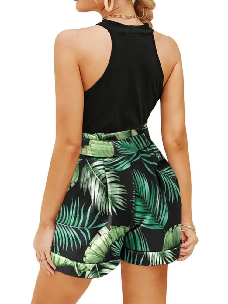 Summer Womens 2-piece Set Tank Tops Hollow Out Beach Slim Short Top Shorts Print Casual Hollow Sleeveless Vest Two Piece Suit 250614