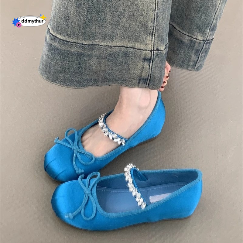 Petite Height Increasing Mary Jane Shoes 2025 New French Style Gentle Fairy Satin Rhinestone Ballet Flats ddmythur