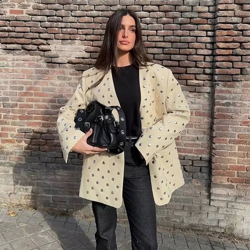 RAFZNB Fashion Rivet Decoration Casual Blazer For Women V-Neck Long Sleeve Coats Female Outerwear Tops
