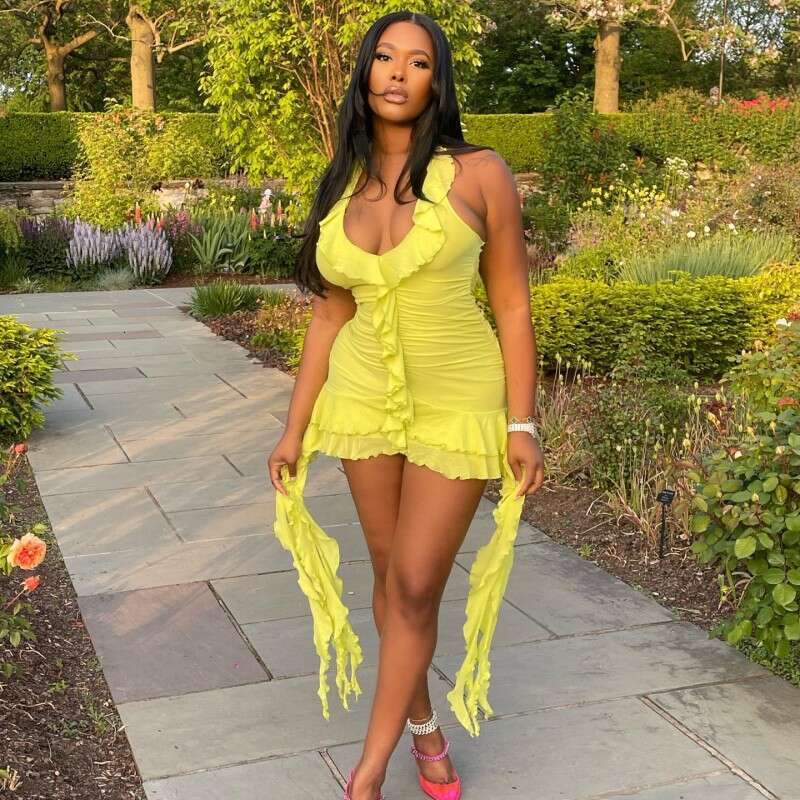 European and American Summer Solid Color Sleeveless Low Neck Ruffle Irregular Bodycon Short Dress 2025 New Casual Versatile Fashion Clothing