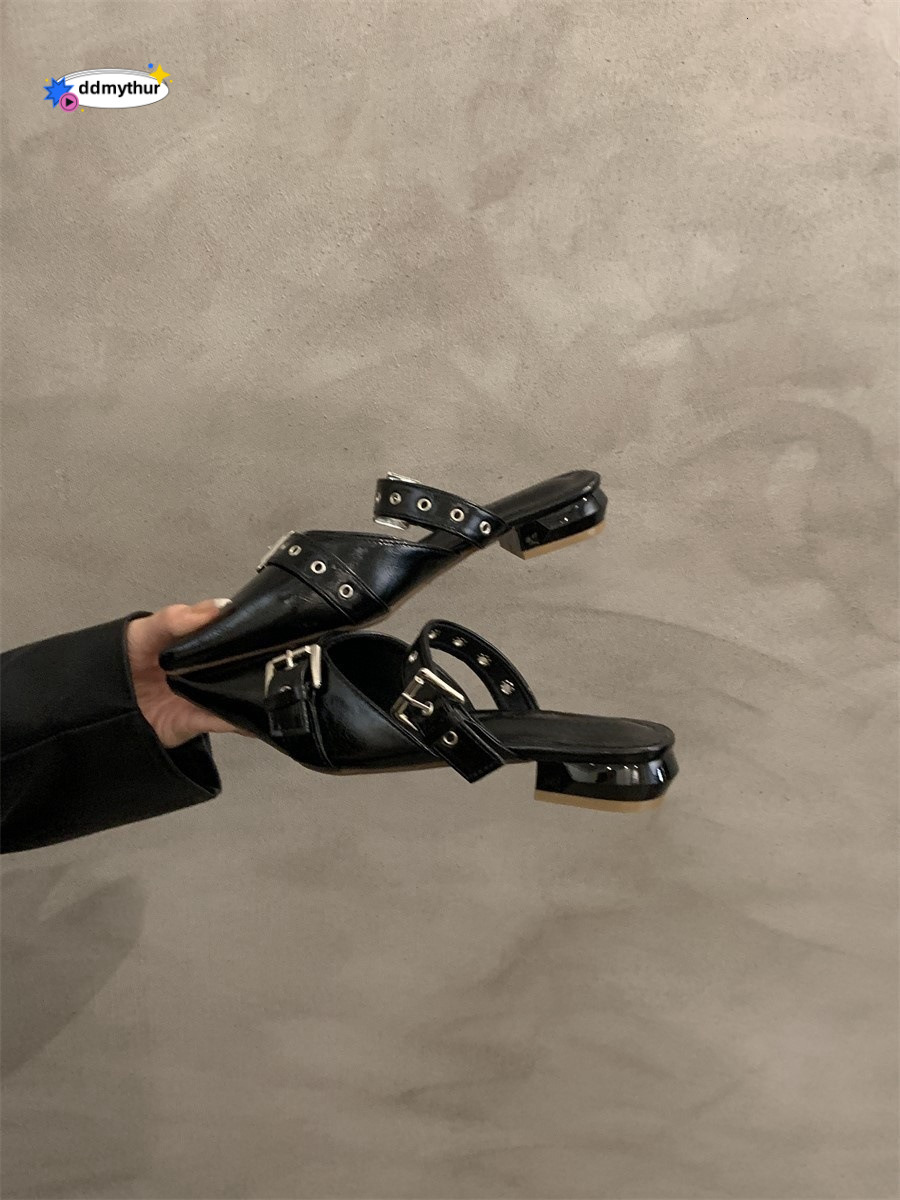 Chunky Heel Closed Mules for Women, New Spring/Summer 2025 Style, Pointed Toe with Belt Buckle, Black Single Shoes ddmythur