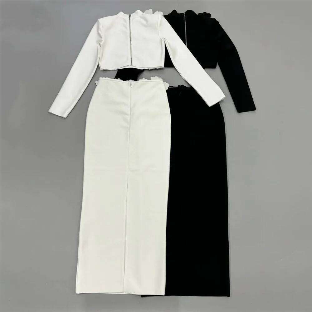 Black Color Women Sleeve Sexy Dia Flowers 2 Pieces Bodycon Long Bandage Dress Celebrate Nightclub Party Outfit Vestido